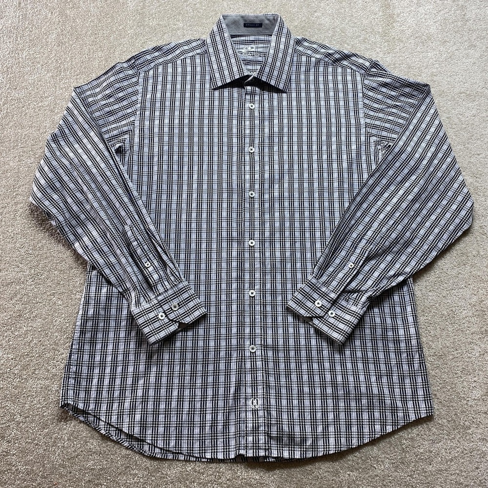 Bugatchi Uomo Button Up Mens Large Plaid Classic Fit Cotton Long Sleeve